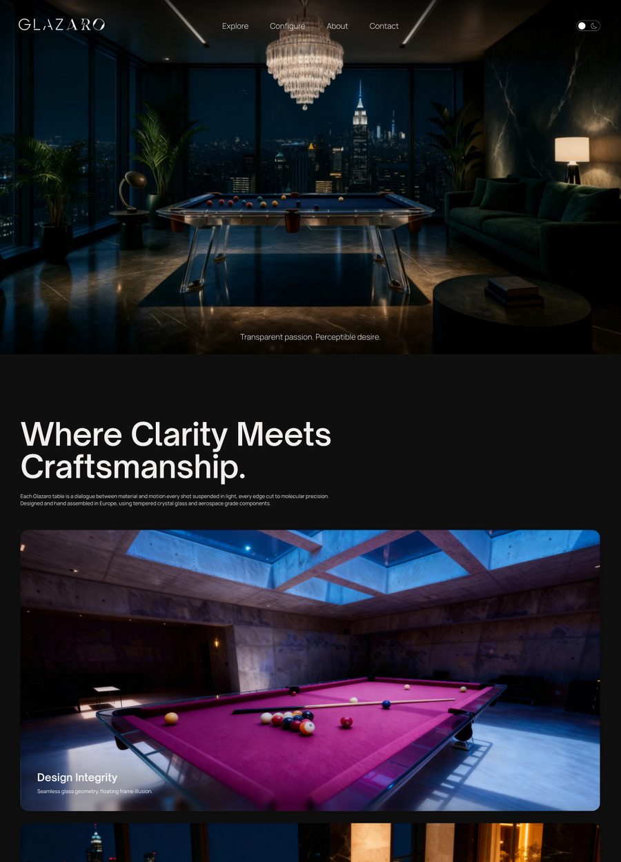 Tmavý návrh webu GLAZARO pro luxusní skleněný nábytek